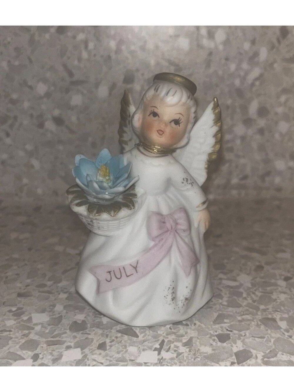 Vintage Lefton Porcelain Bisque July Angel Girl Figure  3332 Single Blue Flower